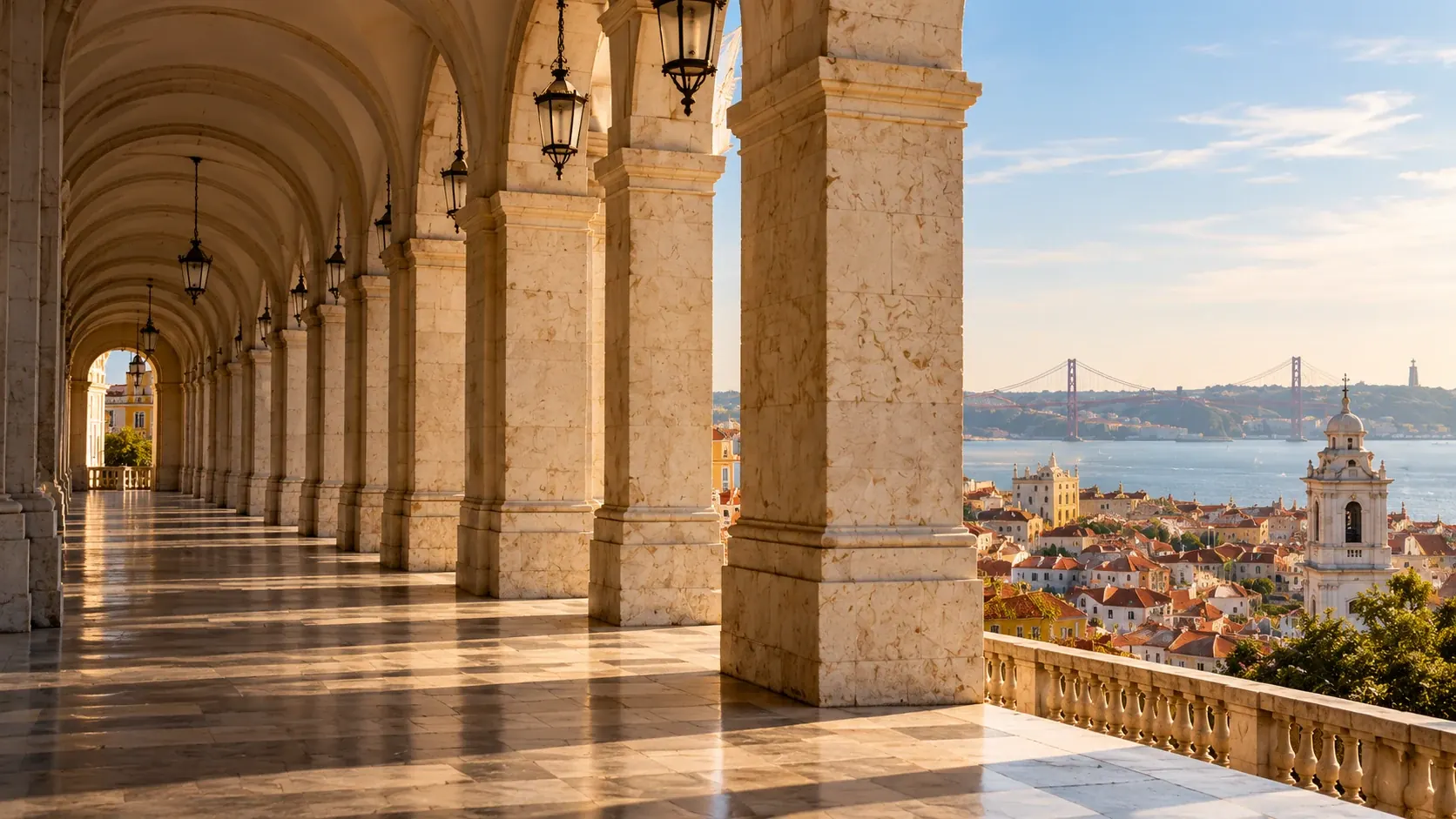 Portuguese stone arcade overlooking Lisbon and the Tagus