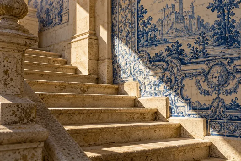 Sunlight on a Portuguese stone staircase beside traditional azulejo tiles